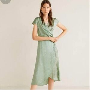 MANGO Green Satin Short Sleeve Printed Wrap Dress XS